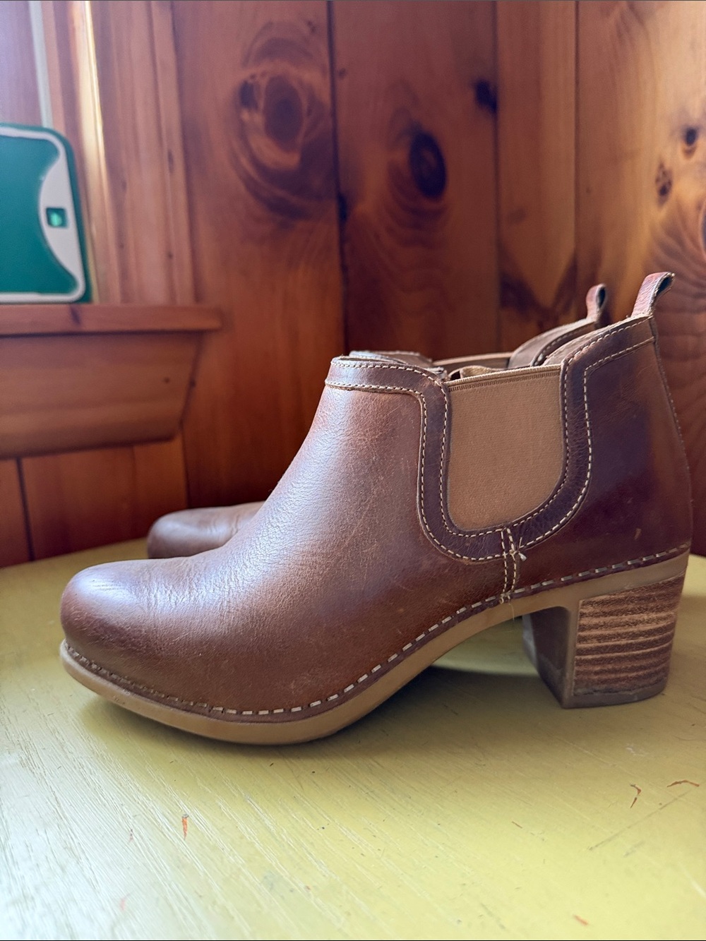 Dansko Brown Leather Chelsea Ankle Booties with Stacked Heel
